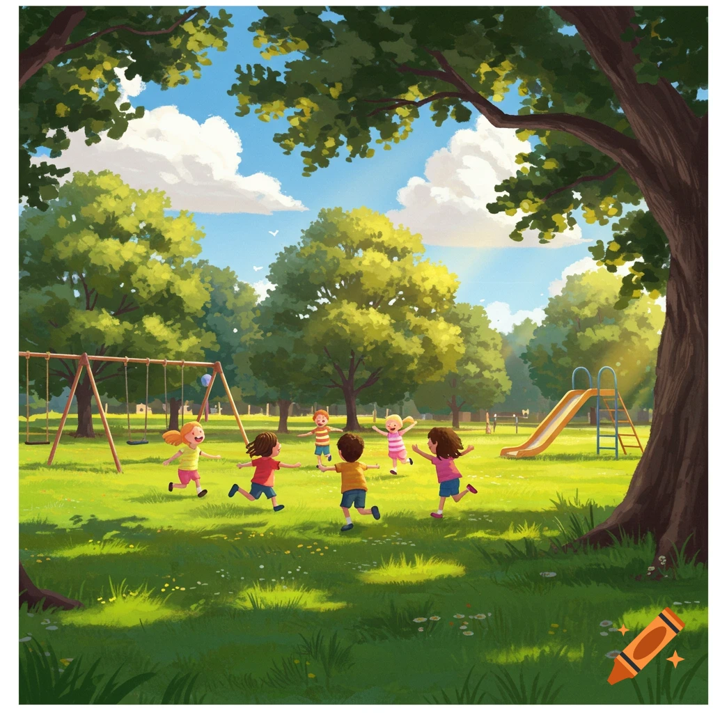 Illustrative scene of six children running and playing in a sunny park with swings, a slide, and large green trees.