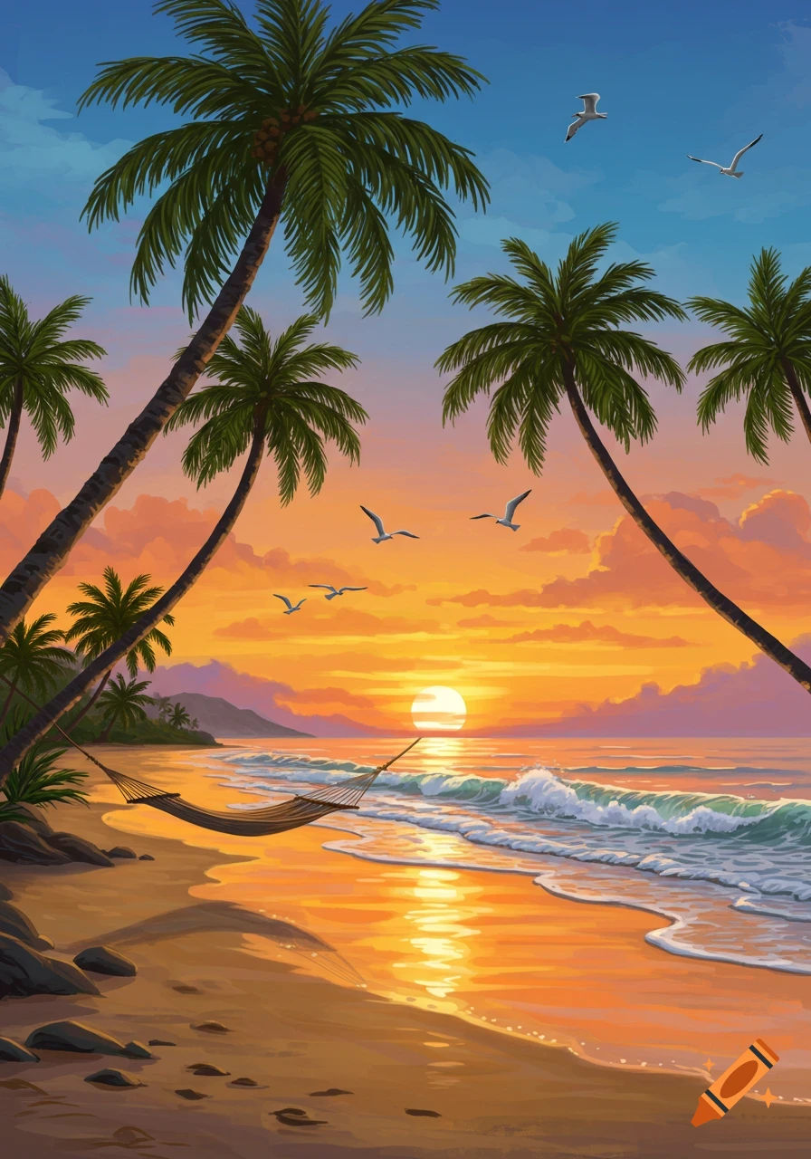 Vibrant painted tropical beach at sunset with silhouetted palm trees, ocean waves, and a hammock.