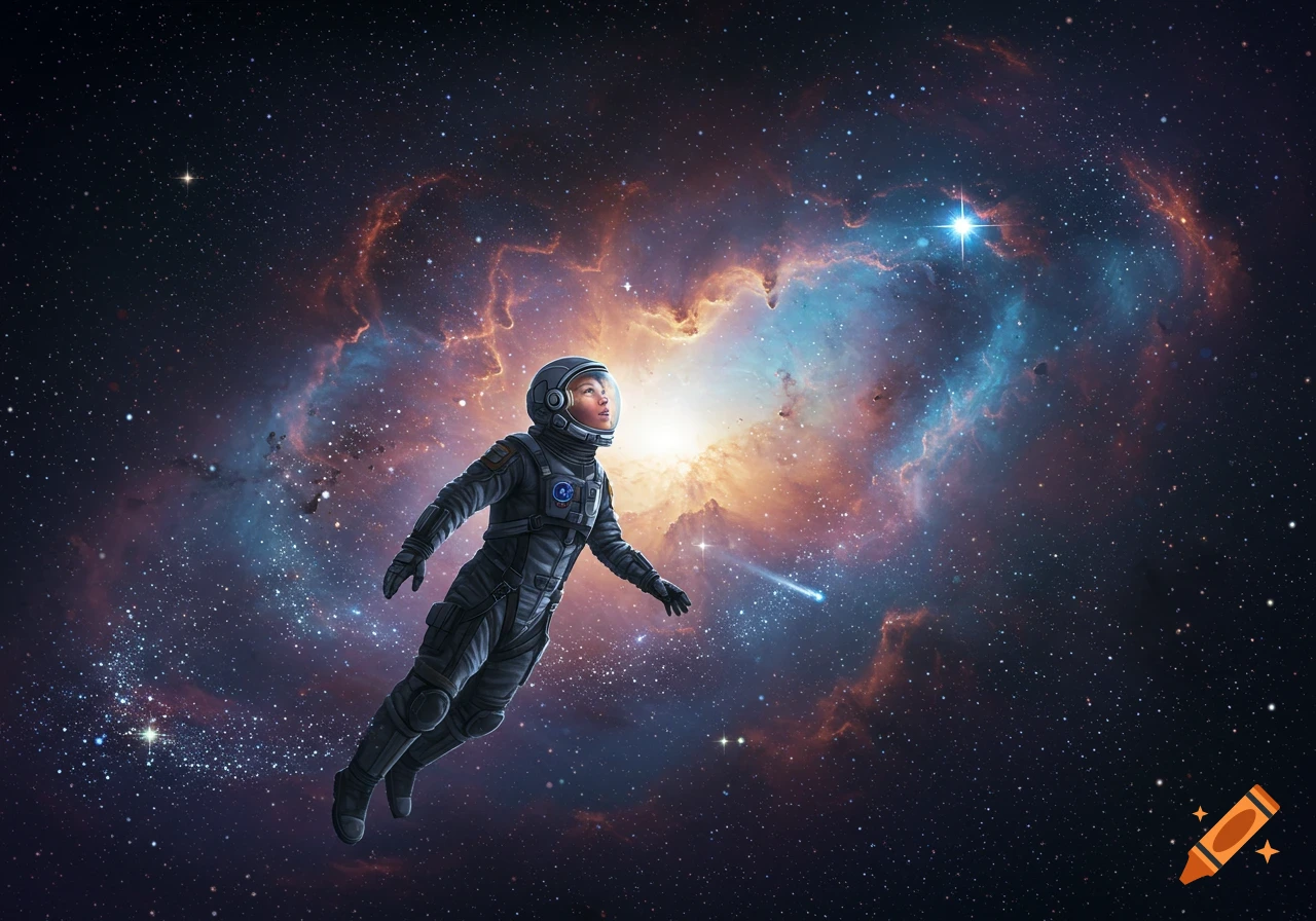 An astronaut floats in a vibrant cosmic nebula filled with stars and glowing gas.