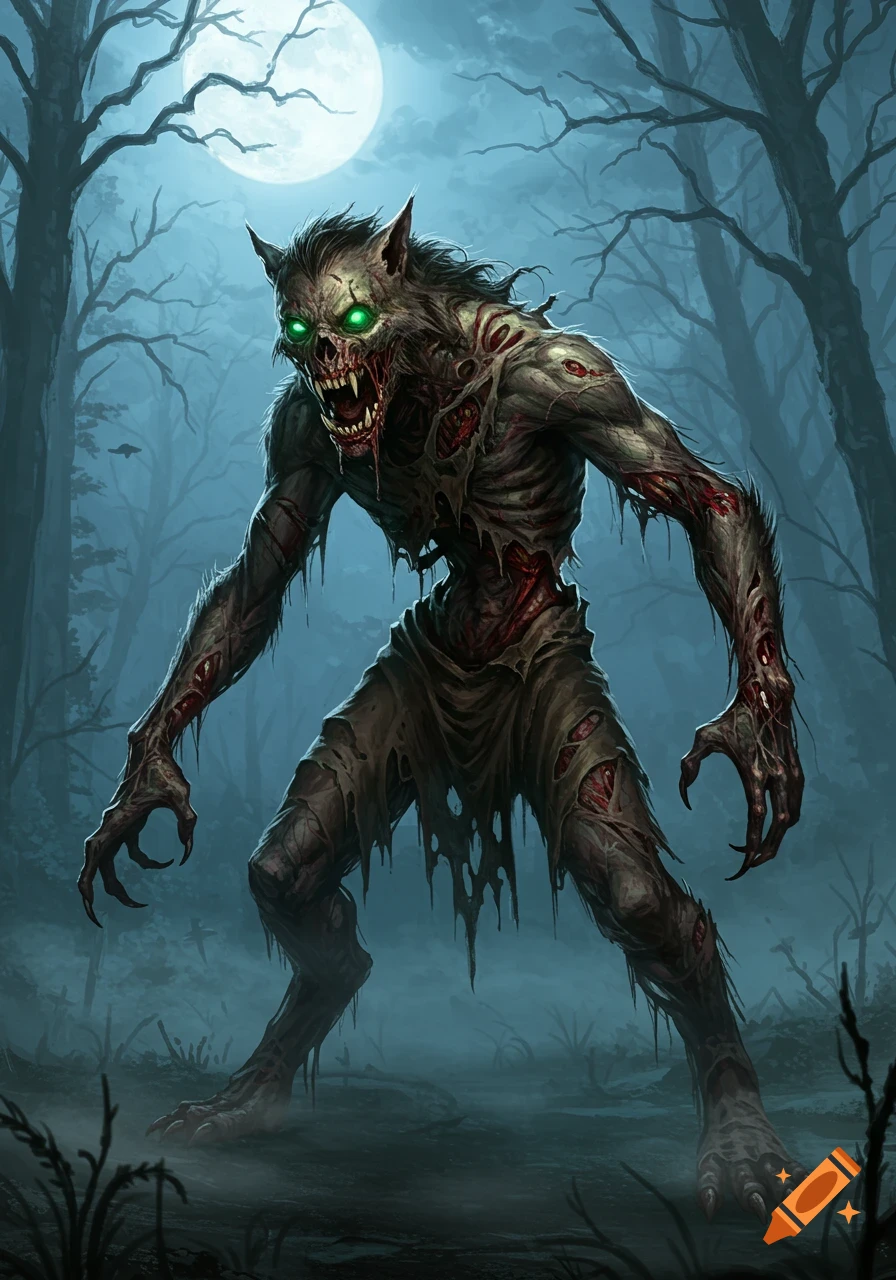 A grotesque zombie-werewolf hybrid with glowing green eyes and rotting flesh stands in a dark, misty forest under a full moon.