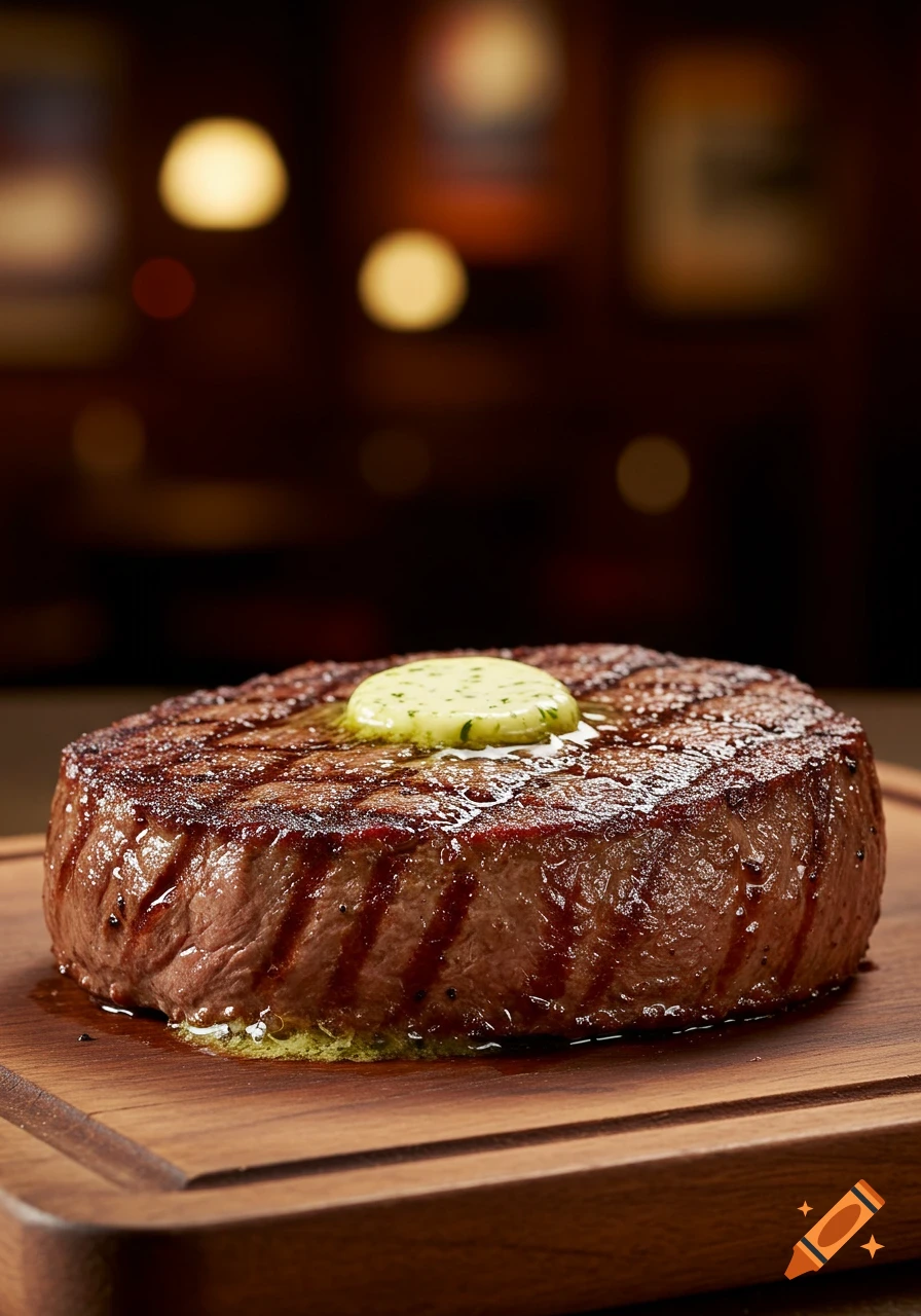 Photorealistic image of a perfectly cooked sirloin steak with grill marks and melting herb butter on a wooden cutting board.