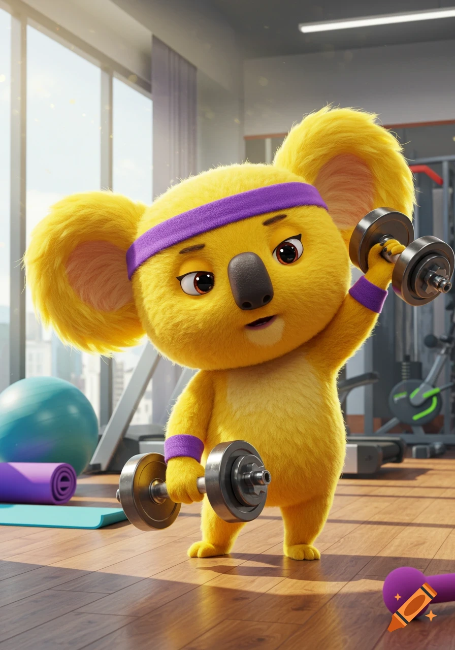 A cute yellow cartoon koala with a purple headband lifts dumbbells in a gym.