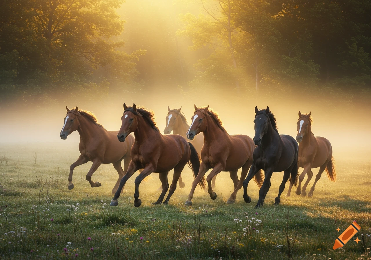 Several horses gallop through a sunlit, misty grassy field with distant trees, photorealistic.