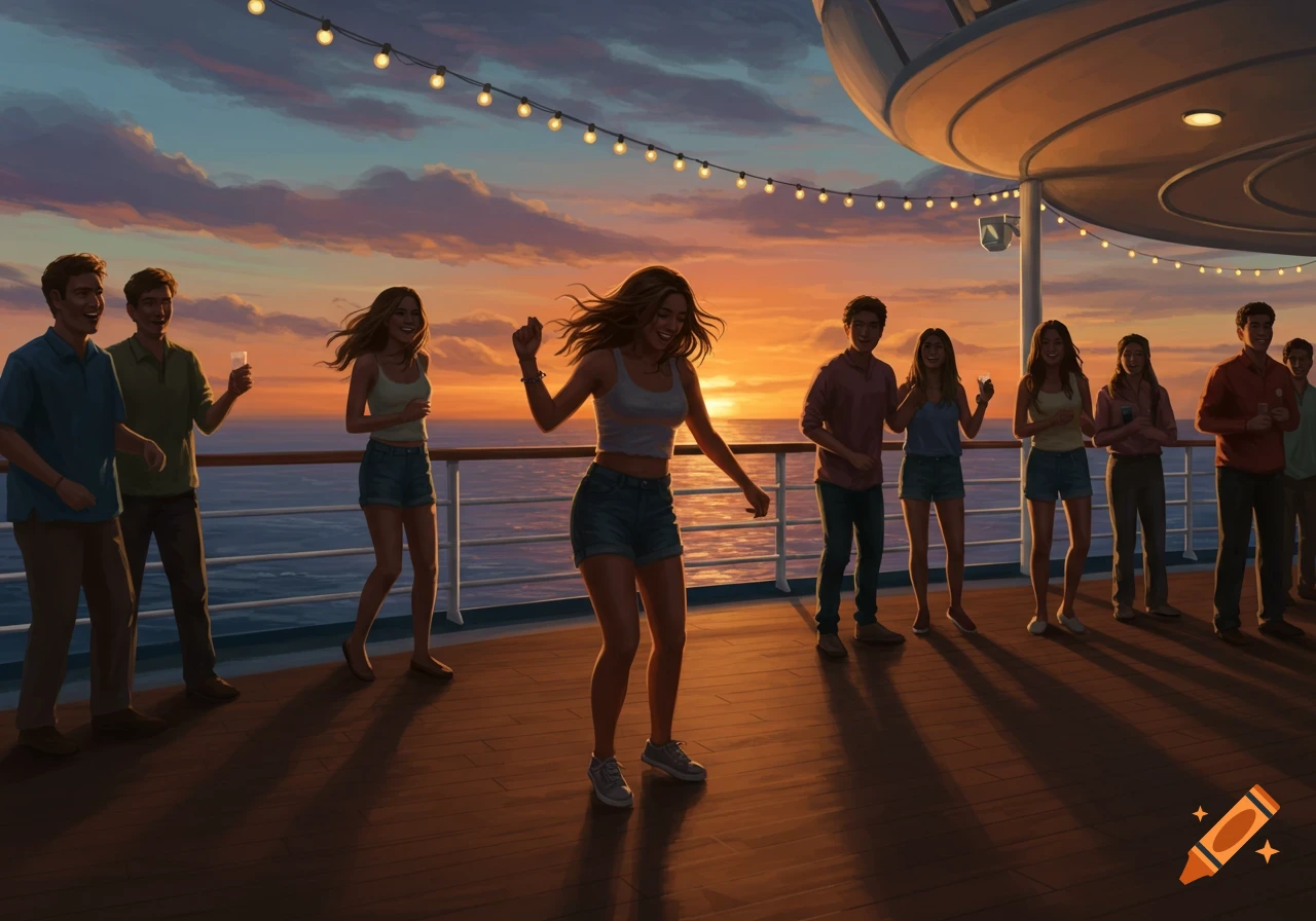 Illustrated group of young people dancing and socializing on a cruise ship deck at sunset.