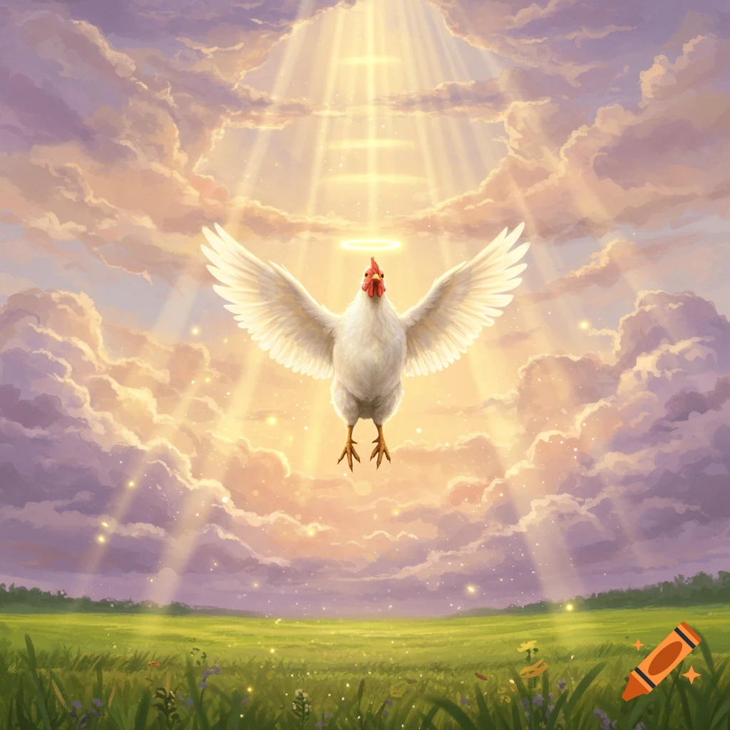 A white chicken with a halo and spread wings ascends through bright, golden clouds with sun rays, over a green field.