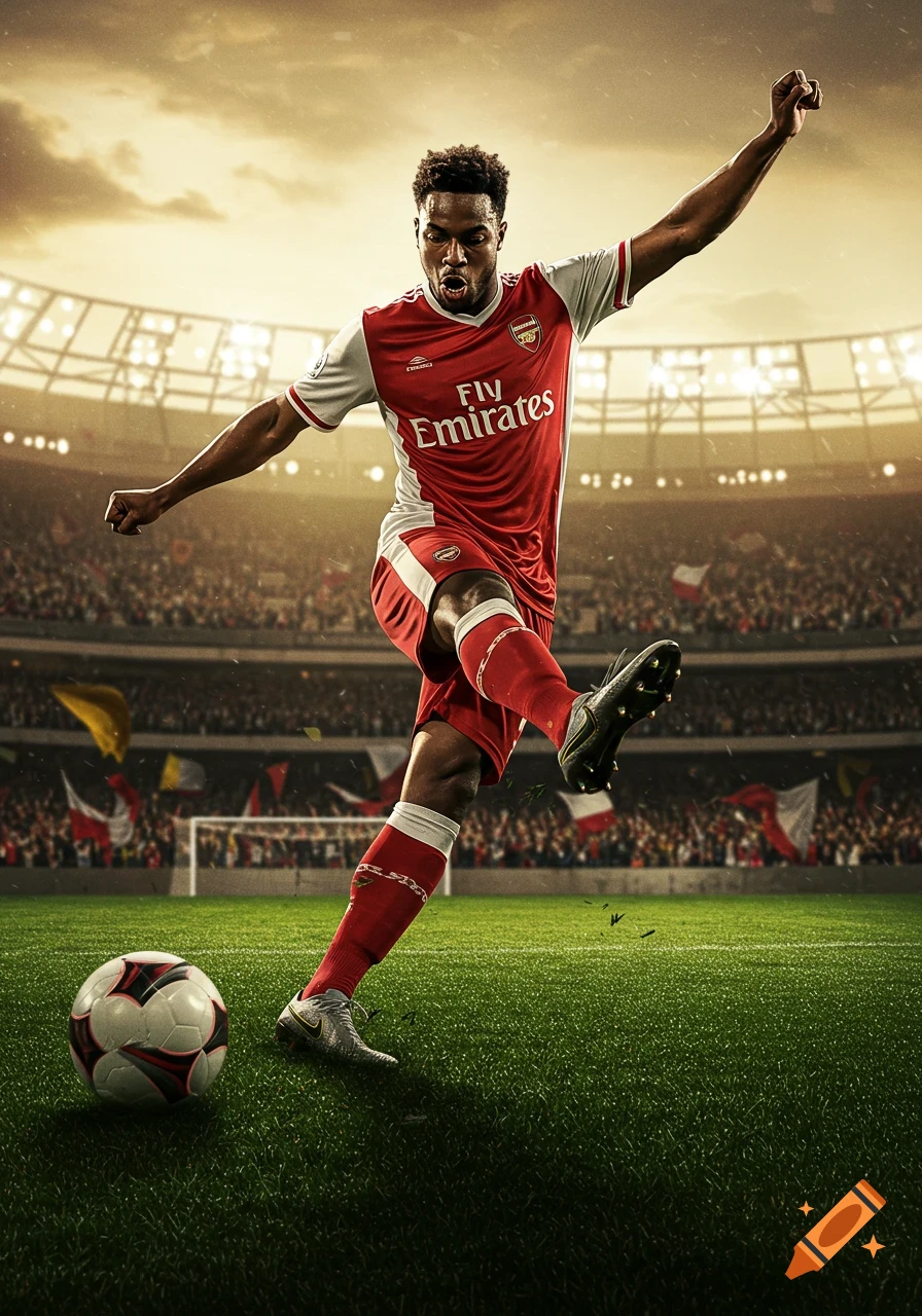 A photorealistic image of a male soccer player in a red and white uniform kicking a ball in a stadium, with a blurred face.