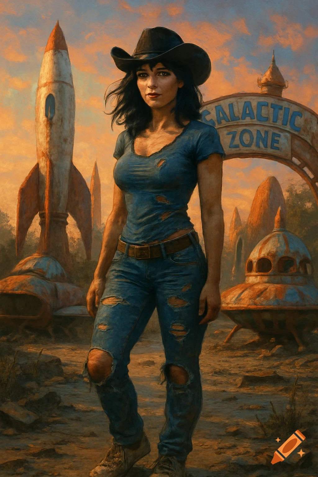 A woman in a cowboy hat, ripped t-shirt, and jeans stands in a ruined space-rocket amusement park with a 'Galactic Zone' sign under an orange sky.