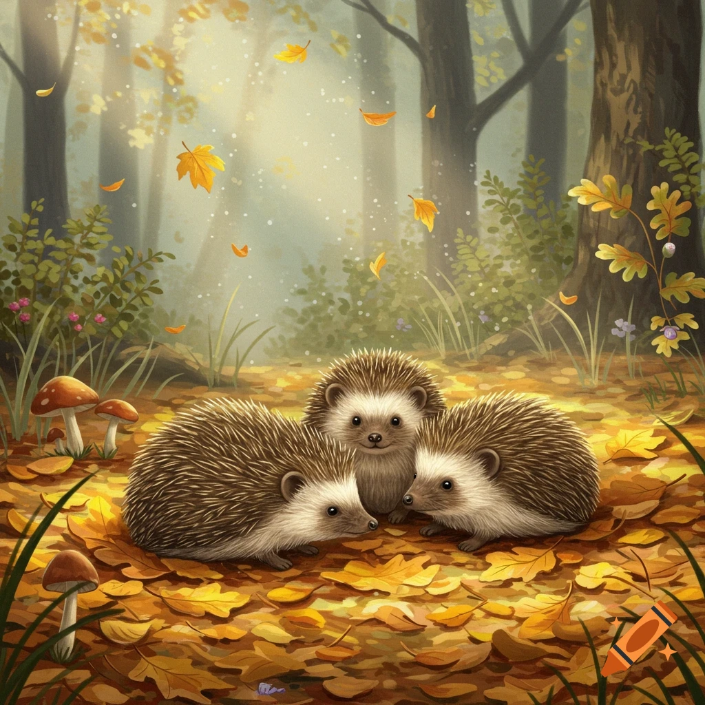 Three cute hedgehogs among fallen autumn leaves and mushrooms in a sunlit forest.