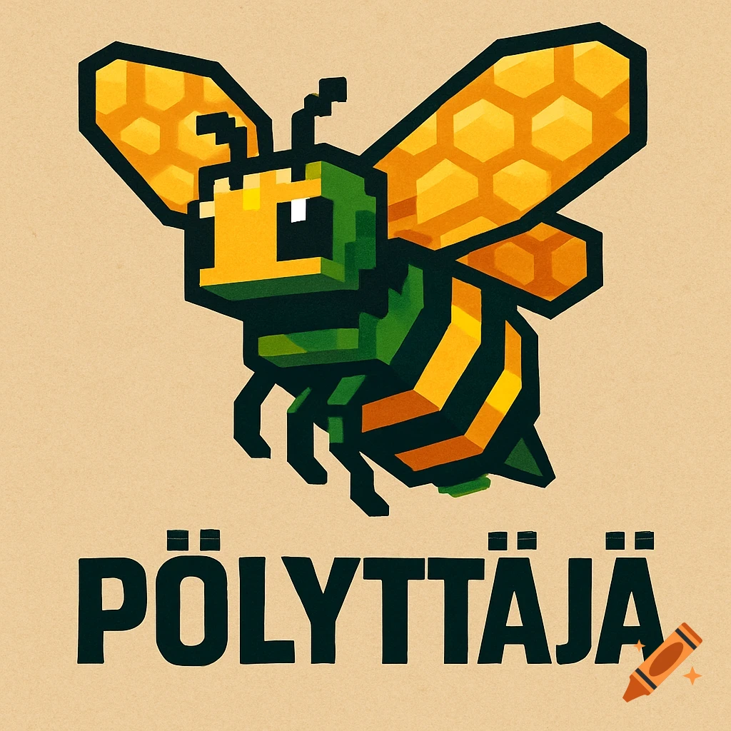 A blocky, pixelated bee with honeycomb wings, resembling Minecraft style, above the word "PÖLYTTÄJÄ".
