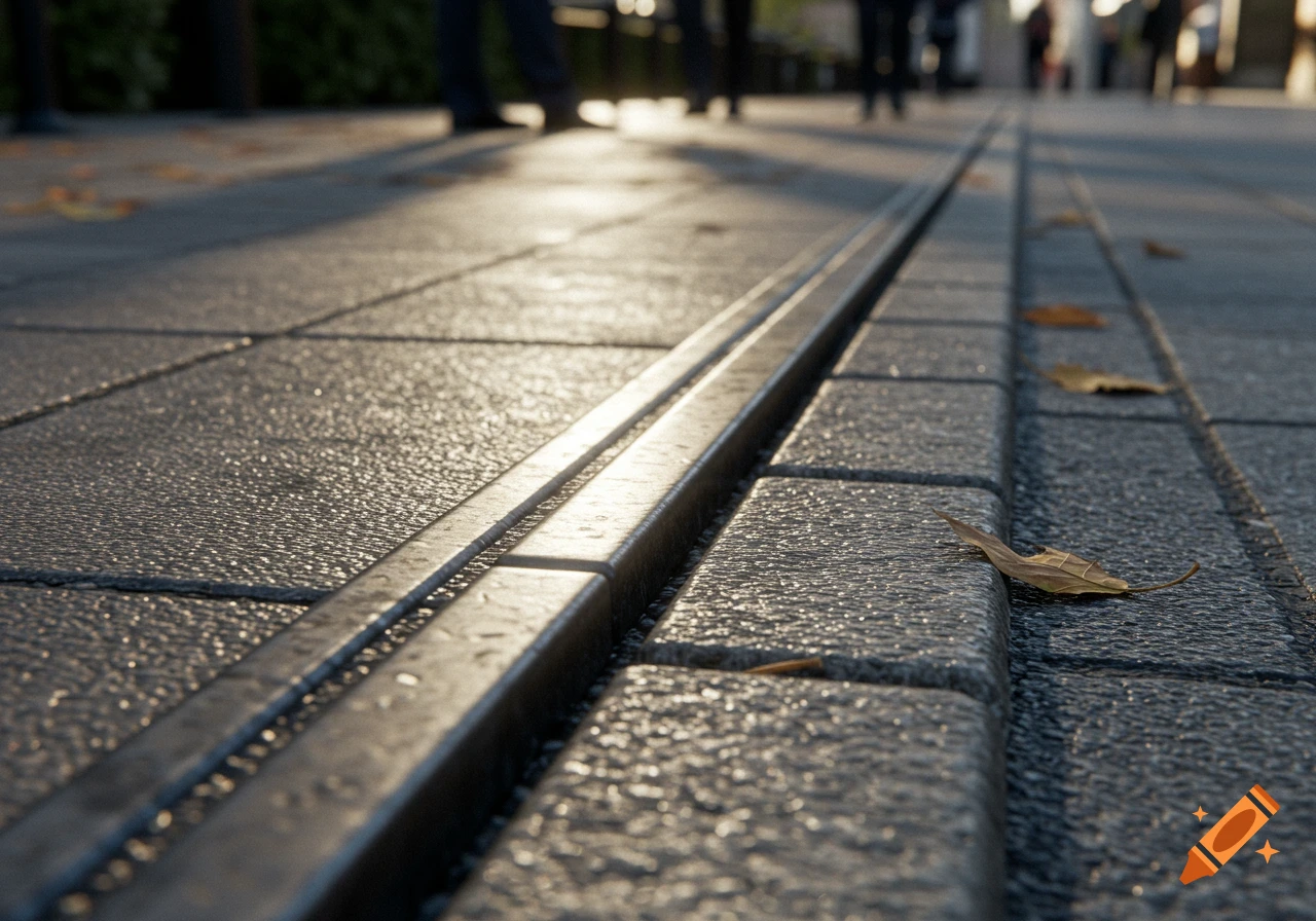 Photorealistic close-up of a sidewalk with a metal expansion joint, fallen leaves, and blurred pedestrians in the background under warm sunlight.