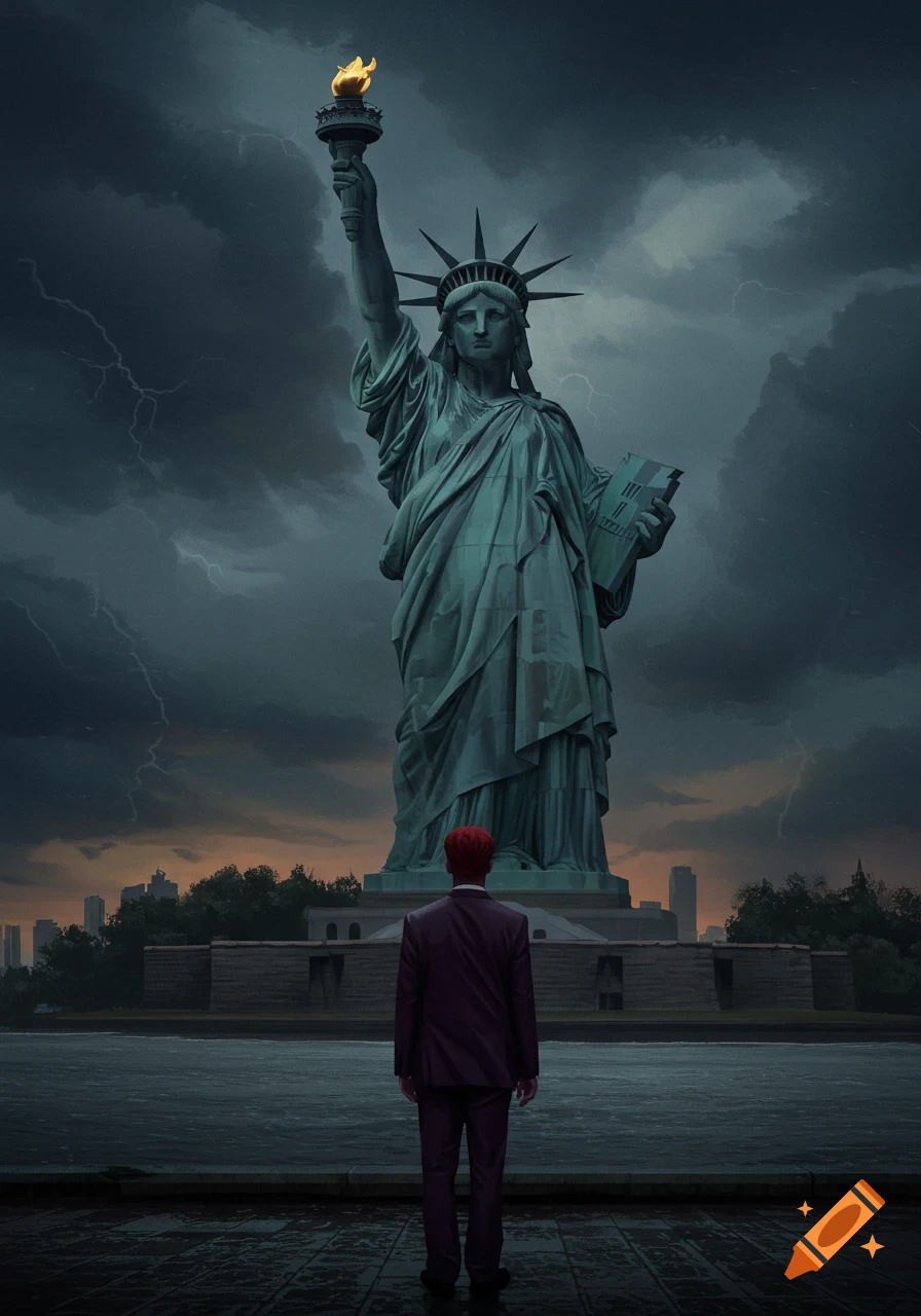 A man with red hair in a suit stands with his back to the camera, looking at the Statue of Liberty under a dark, stormy sky with lightning.