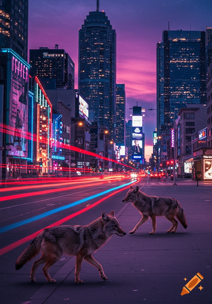 Two coyotes walk across a vibrant downtown Toronto street at night, with blurred red and blue car light trails and neon signs under a purple sky.