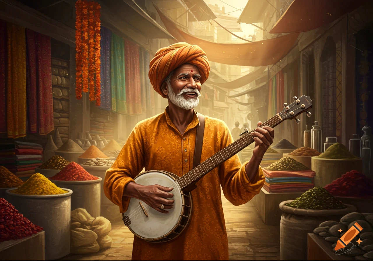 An old man with a white beard and orange turban plays a banjo in a vibrant Indian spice market, with colorful fabrics hanging.