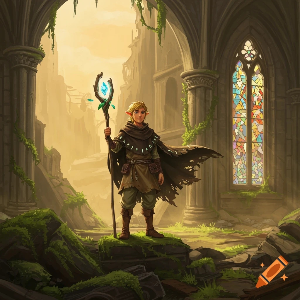 Blonde elf-like character in friar robes holding a glowing staff in mossy ancient ruins with a stained-glass window, fantasy art style.
