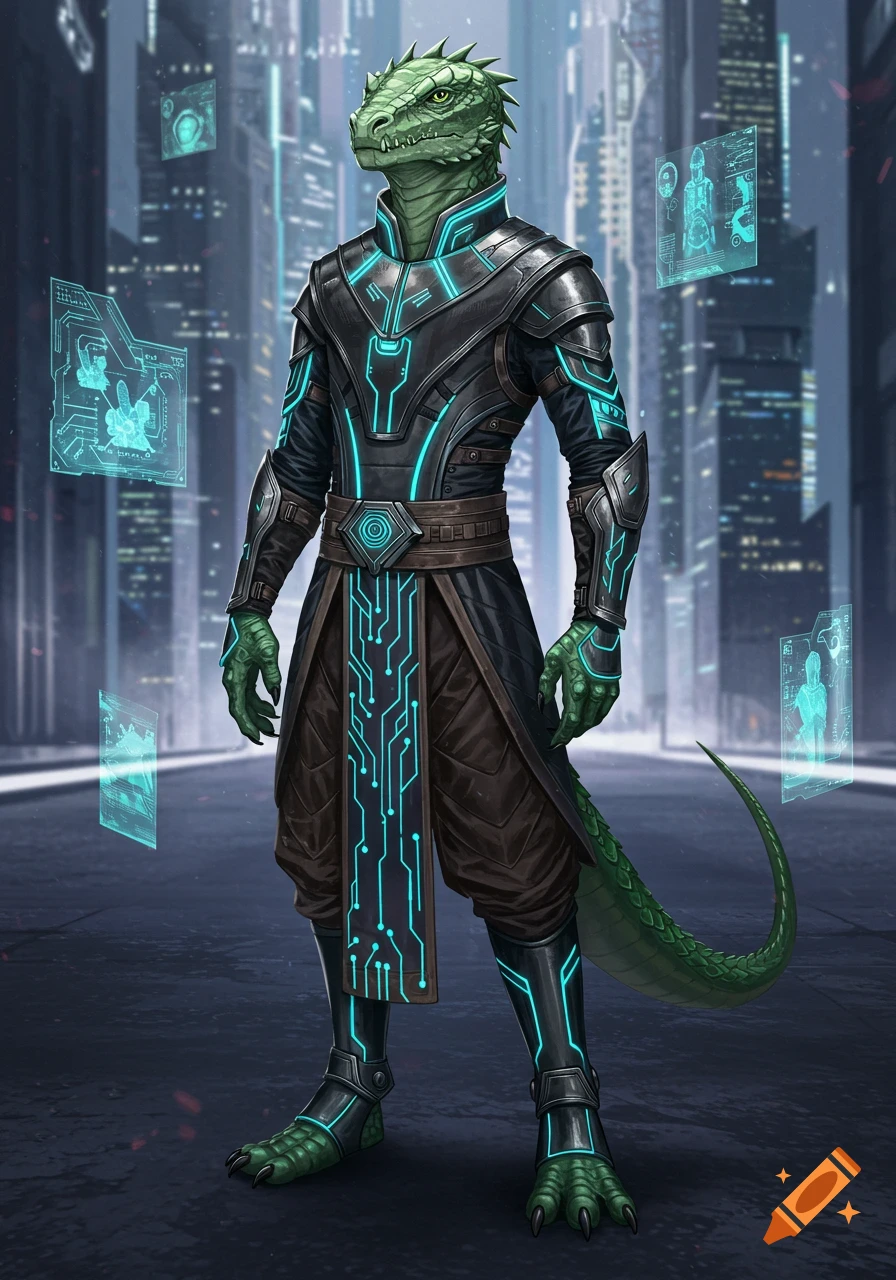 A full-body portrait of a green Argonian in futuristic black and teal armor with glowing circuits, standing in a sci-fi city with holographic displays.