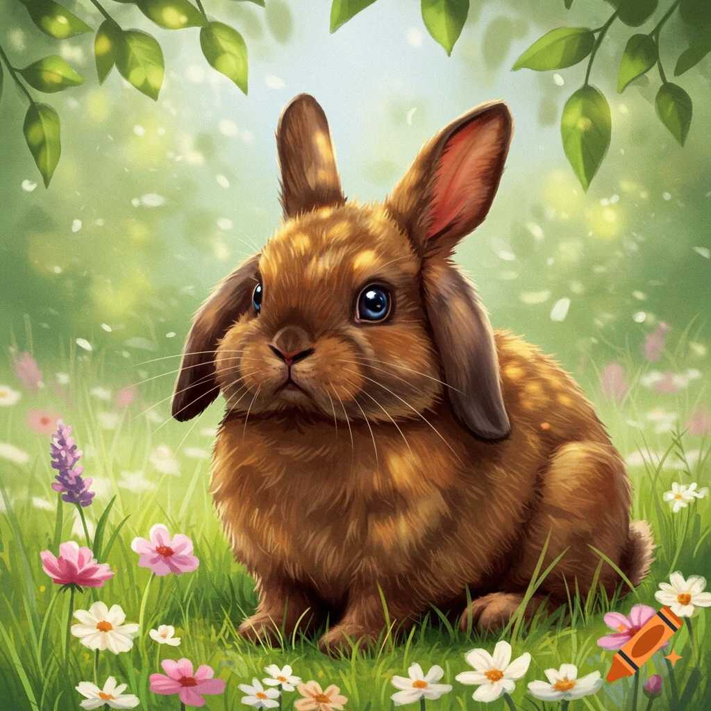 A fluffy brown lop-eared bunny with blue eyes sits among colorful wildflowers in a sun-dappled green field.