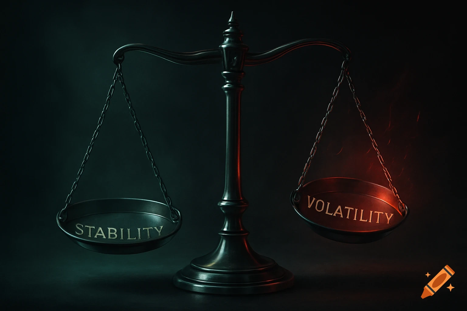 A metal balance scale in a dark setting, with 'STABILITY' on the left side and a glowing red 'VOLATILITY' on the right, which is lower.