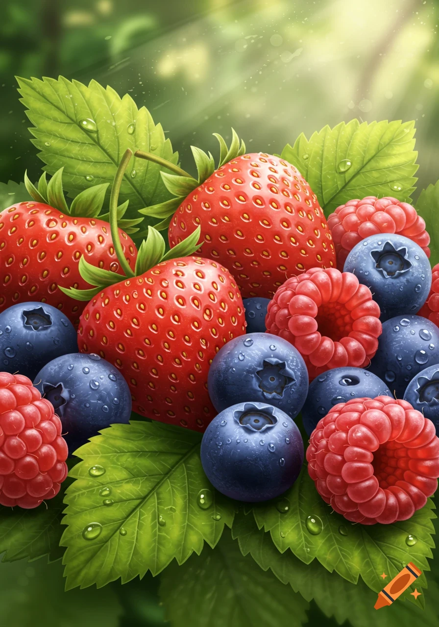 A close-up illustration of ripe strawberries, blueberries, and raspberries nestled among green leaves with water droplets, under soft sunlight.