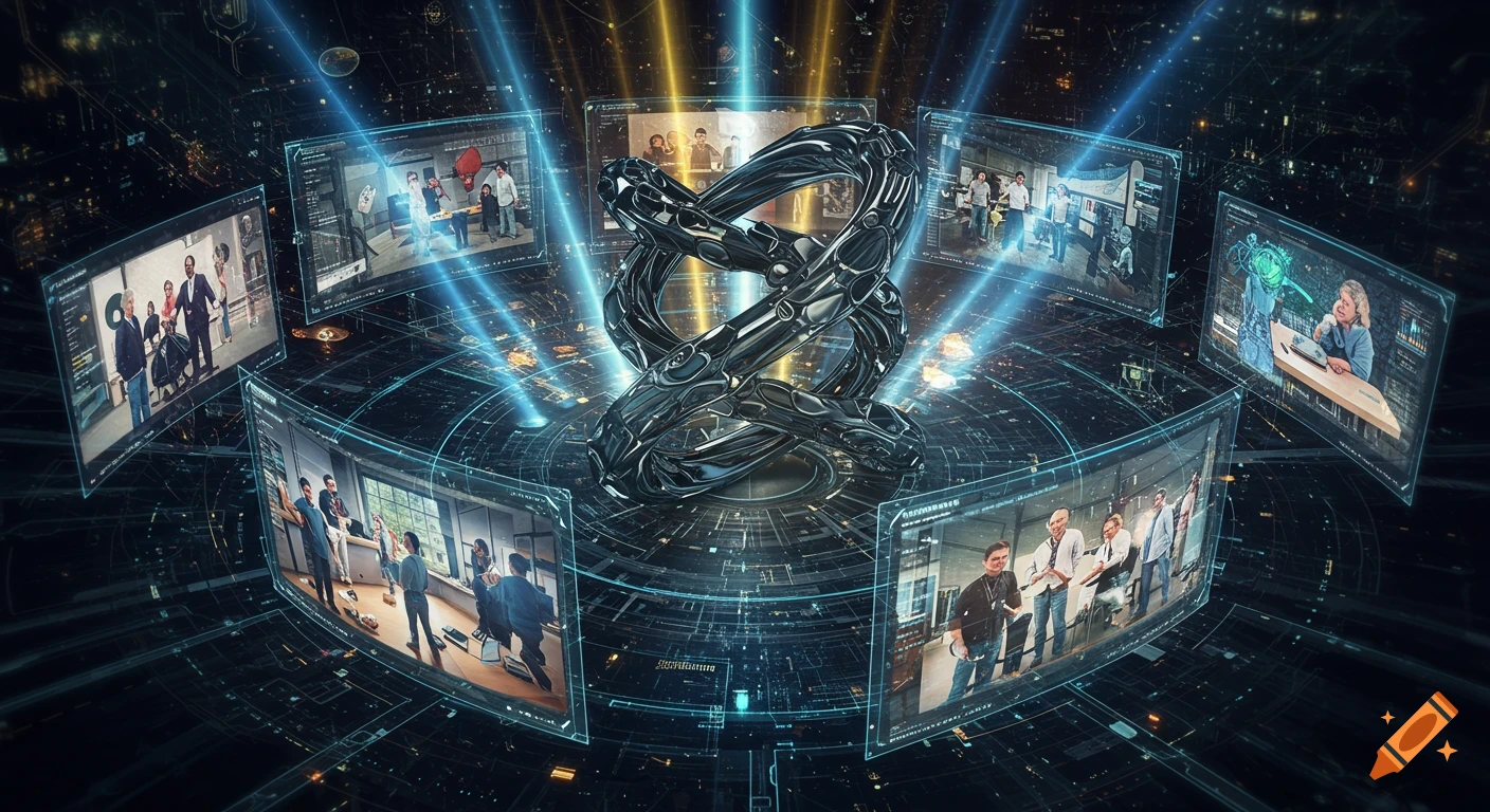 A futuristic digital network with a metallic abstract sculpture at the center, surrounded by holographic screens displaying people, illuminated by blue and yellow light beams.