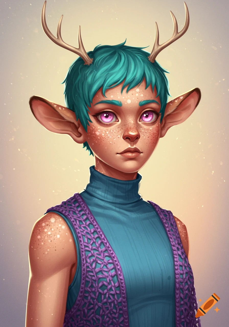 A stylized portrait of a person with teal hair, pink eyes, freckles, deer ears, and small antlers, wearing a blue turtleneck and purple crochet vest.
