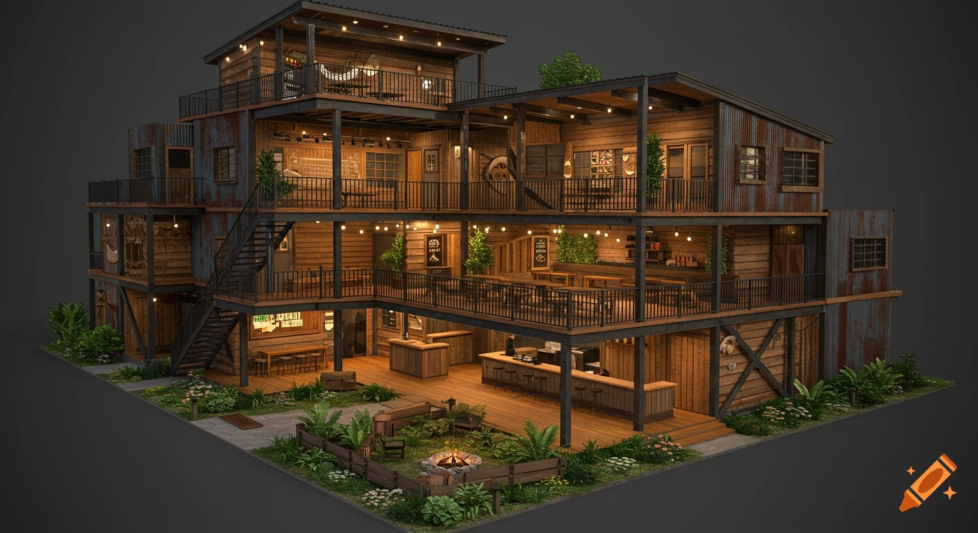 An ultra-realistic 3D render of a multi-story L-shaped cafe with rustic wood and metal, open seating, balconies, string lights, and a central fire pit in a garden.