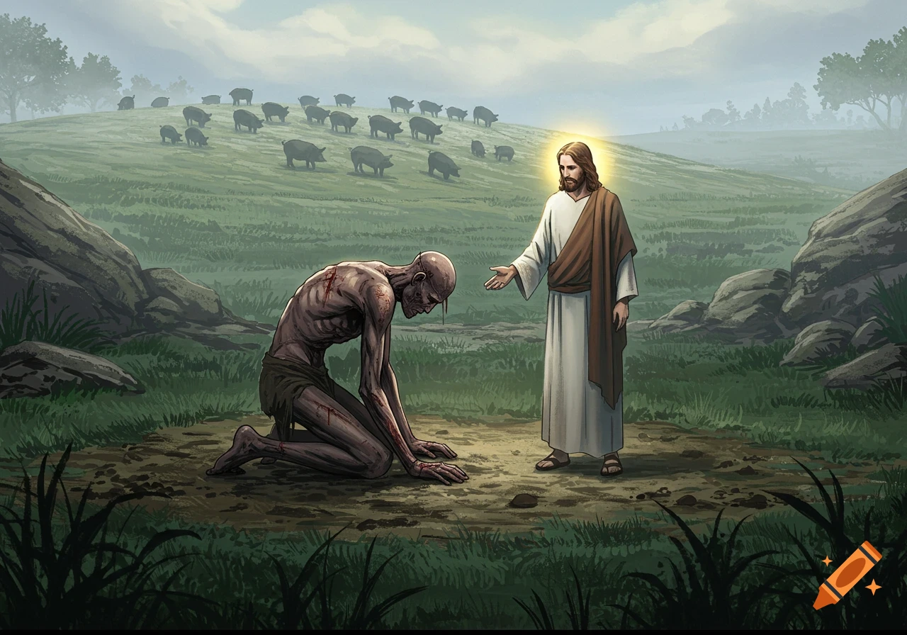 Jesus reaches out to a kneeling, injured man on a grassy hill with pigs in the background, in a graphic novel style.