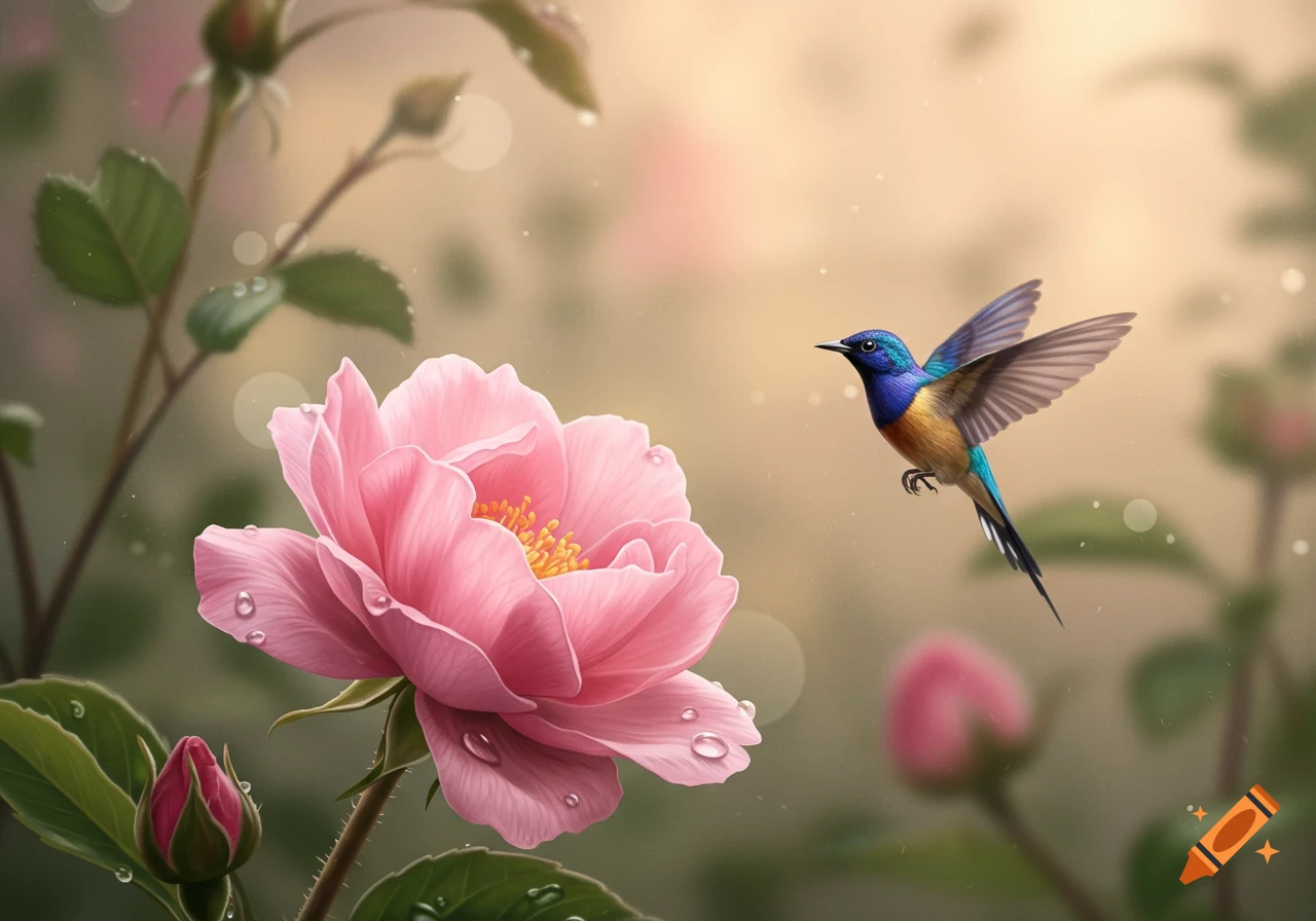 A vibrant pink rose with water droplets blooms as a colorful blue and orange bird hovers nearby in a soft, sunlit garden.