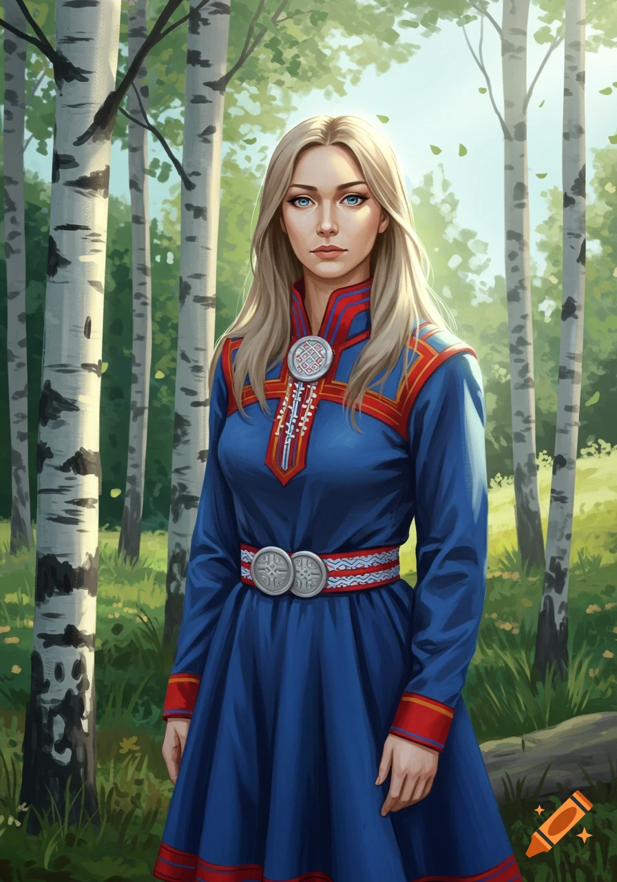 A woman with blonde hair and blue eyes wears a traditional blue and red Sami gákti dress in a sunlit Nordic forest with birch trees, digital painting.