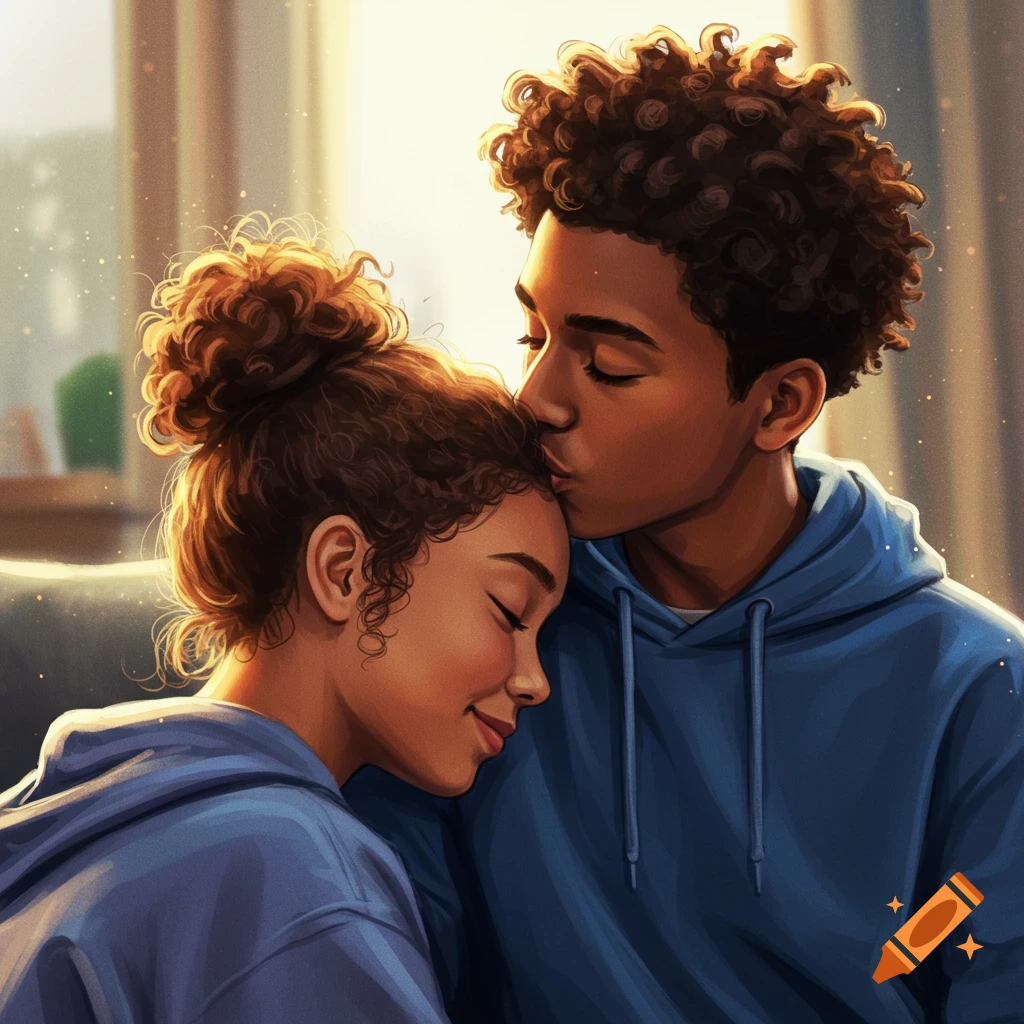 Digital art of a young man with curly hair kissing a young woman's forehead, both wearing blue hoodies in warm, soft lighting.