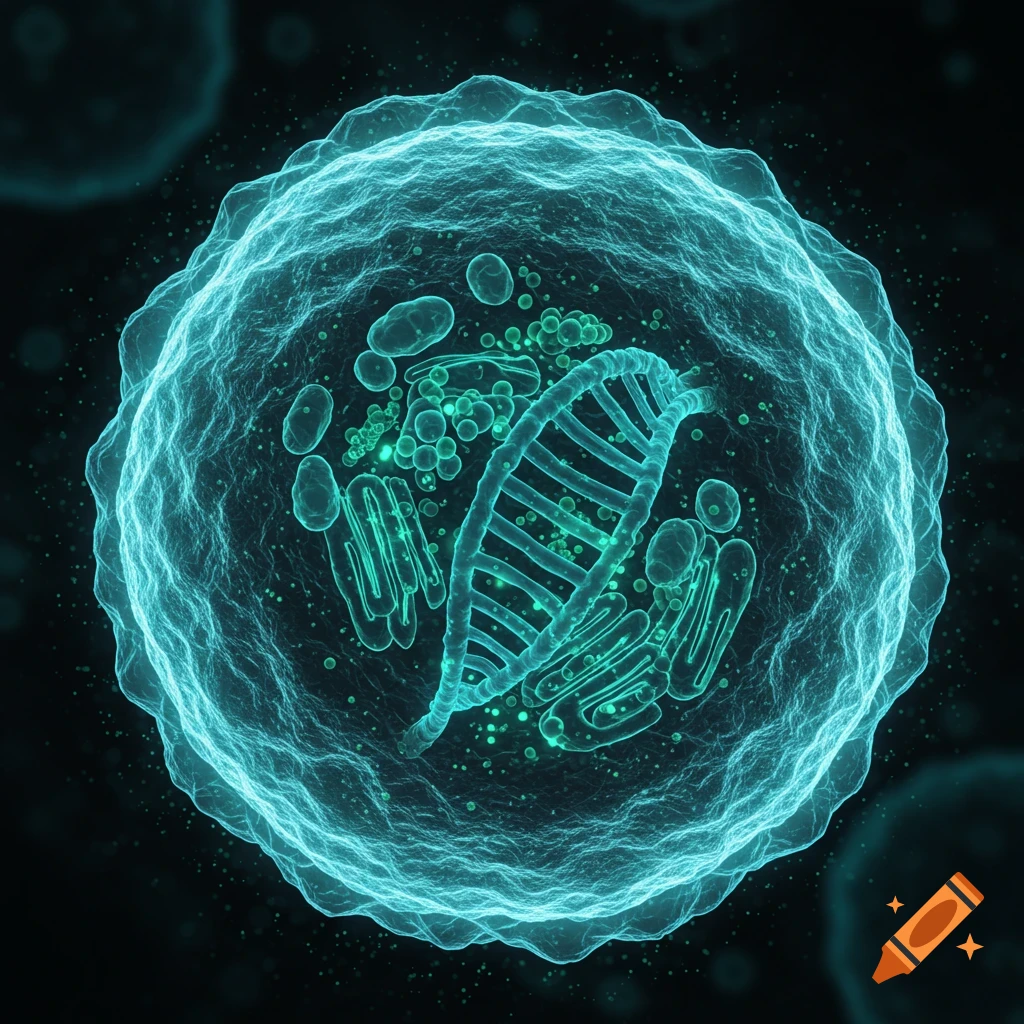 A glowing blue-green microscopic cell with intricate internal structures like DNA and organelles against a dark background.