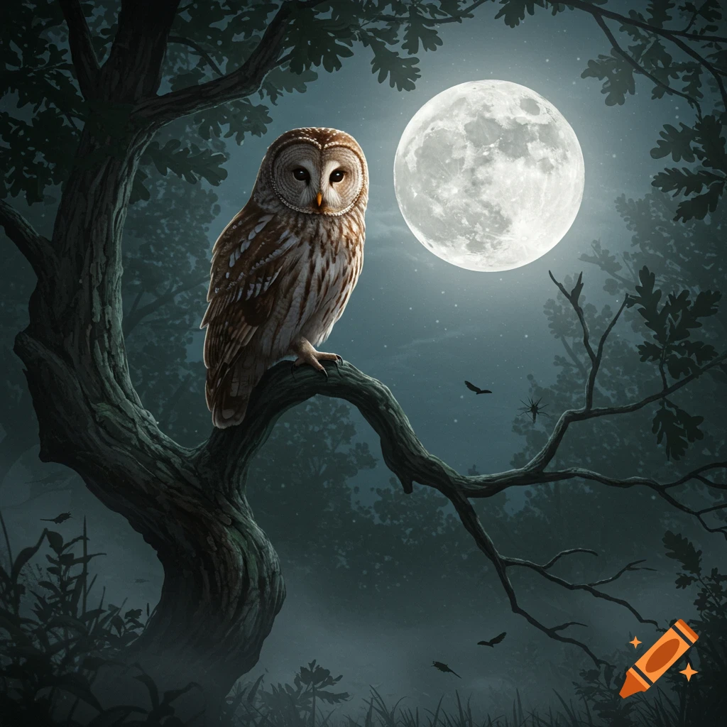 A barred owl perched on a tree branch at night, illuminated by a large full moon in a misty forest.