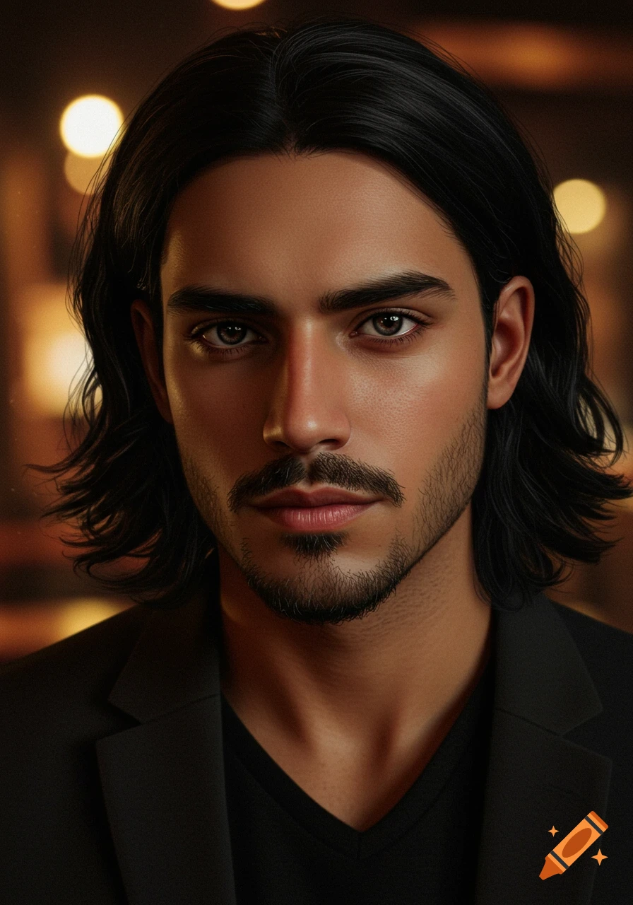 Photorealistic portrait of a man with long black hair, dark eyes, olive skin, and a short beard, wearing a black blazer.