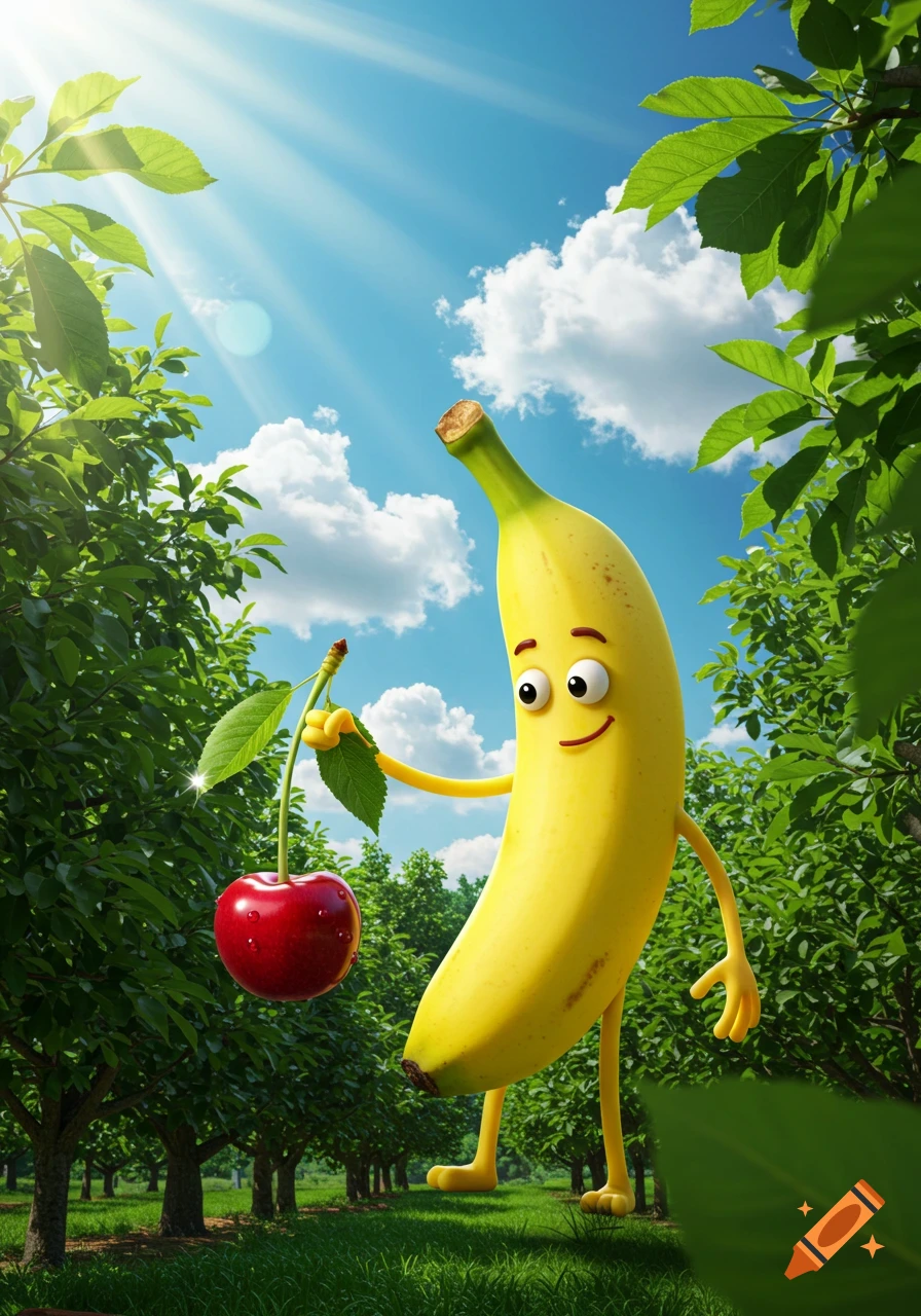 A happy cartoon banana character stands in a green orchard, holding a large red cherry under a sunny blue sky.