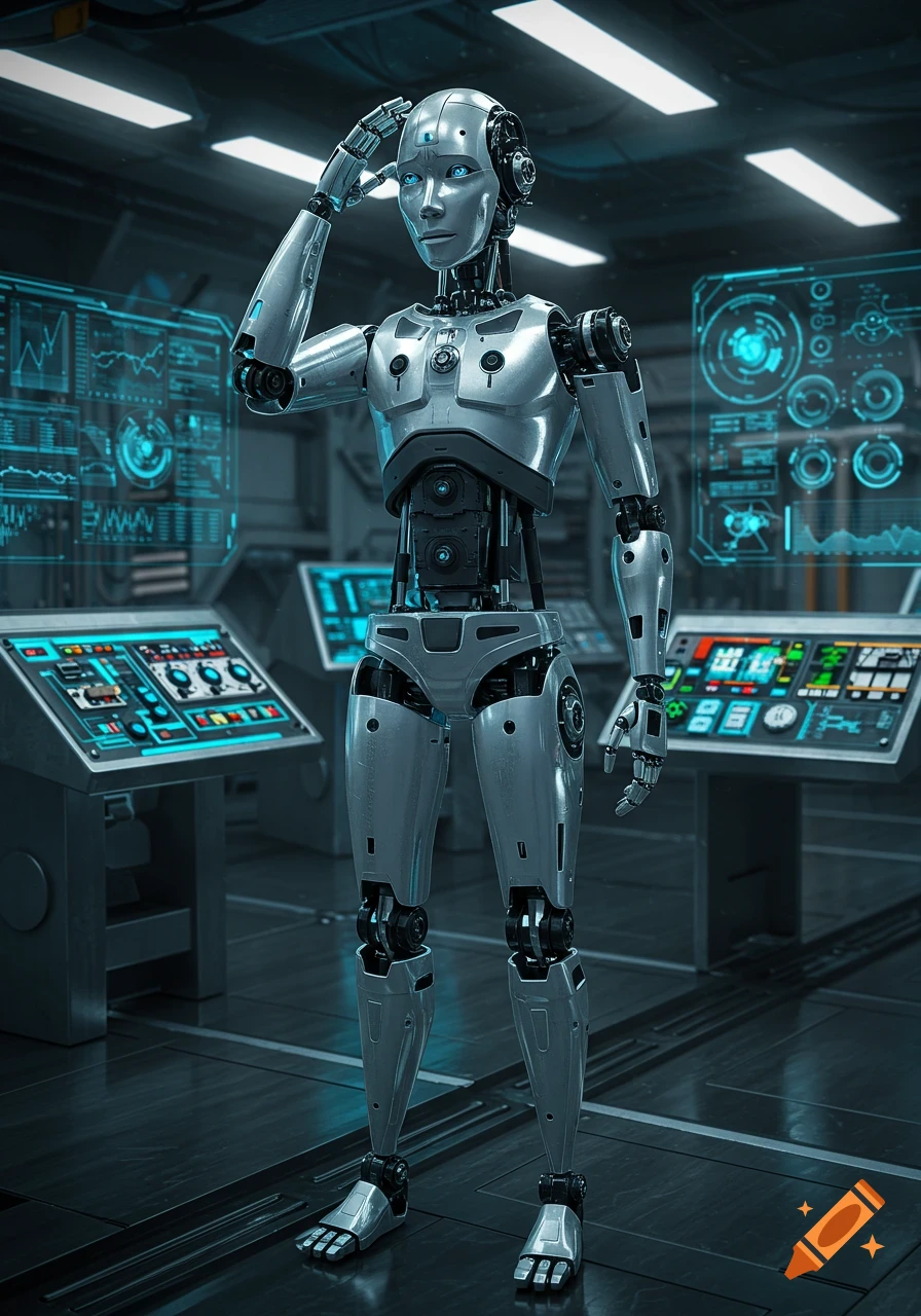 A photorealistic silver robot with blue eyes looks confused, scratching its head in a futuristic control room with glowing screens.