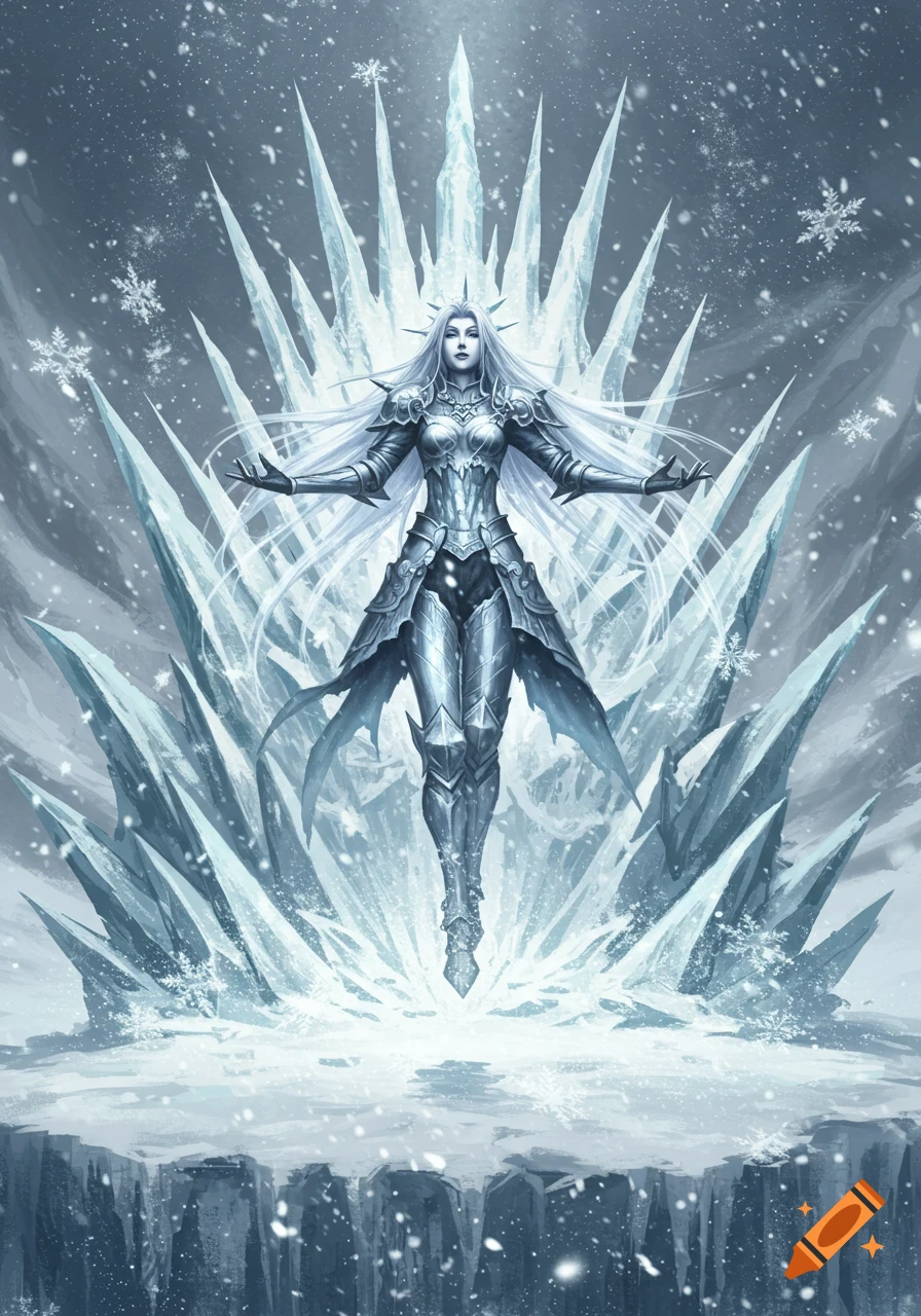 An ethereal ice queen with long white hair and ornate armor hovers amidst sharp ice crystals and falling snow.