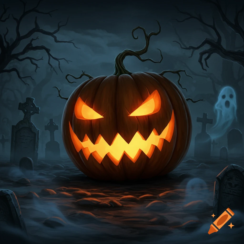 A glowing, scary jack-o'-lantern sits in a foggy graveyard at night, with a faint ghost and gnarled trees.