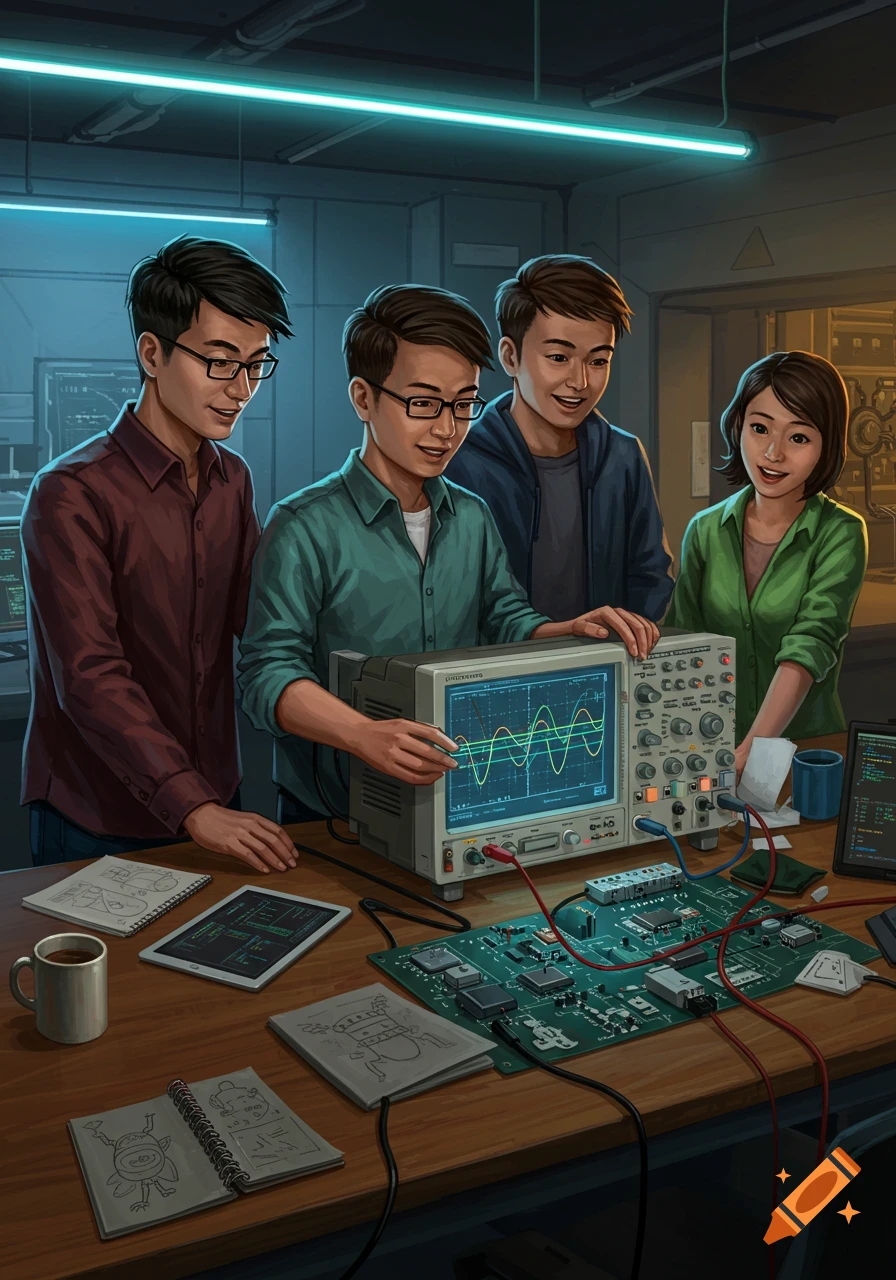 Four diverse developers, three men and one woman, collaborate around a workbench with an oscilloscope, circuit board, tablet, and notebooks in a lab setting. Illustrated art style.