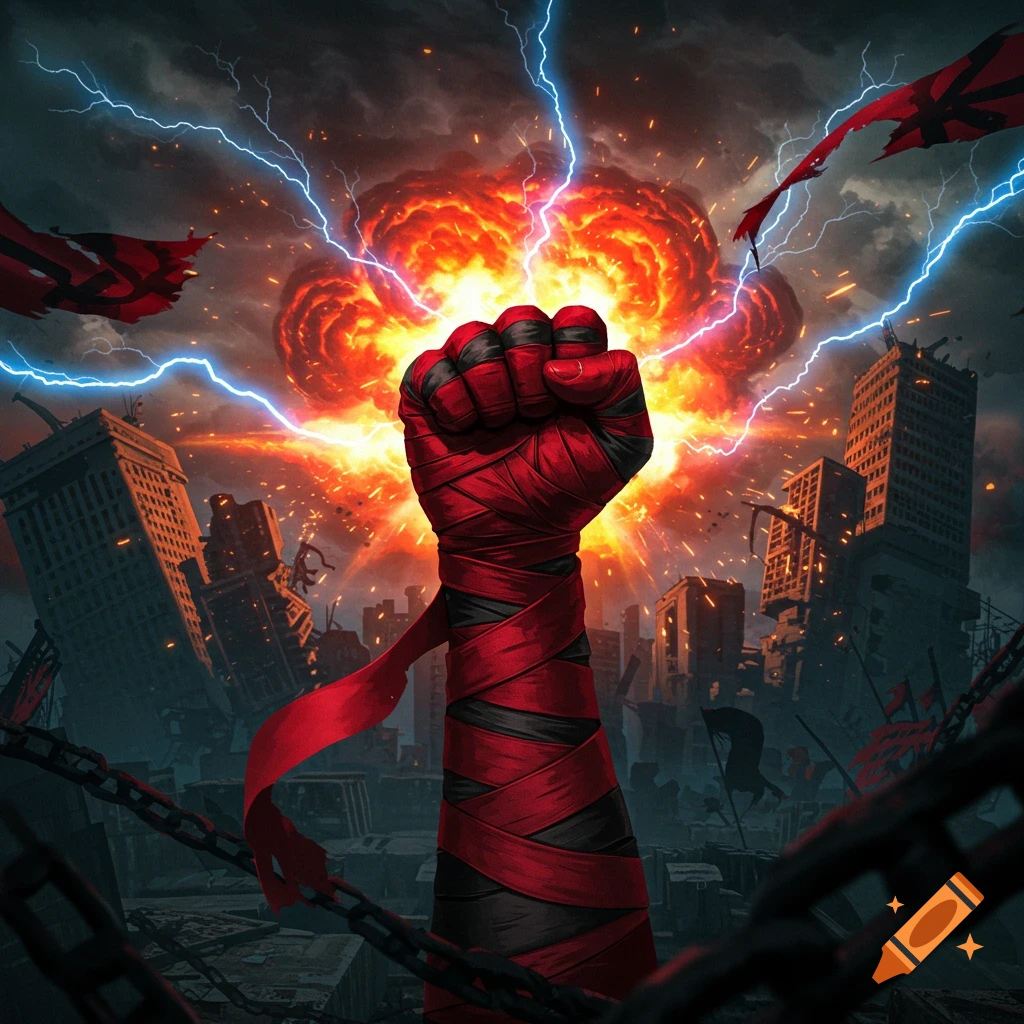 A red and black wrapped fist is raised high against a dramatic backdrop of a city exploding with lightning and destroyed buildings.