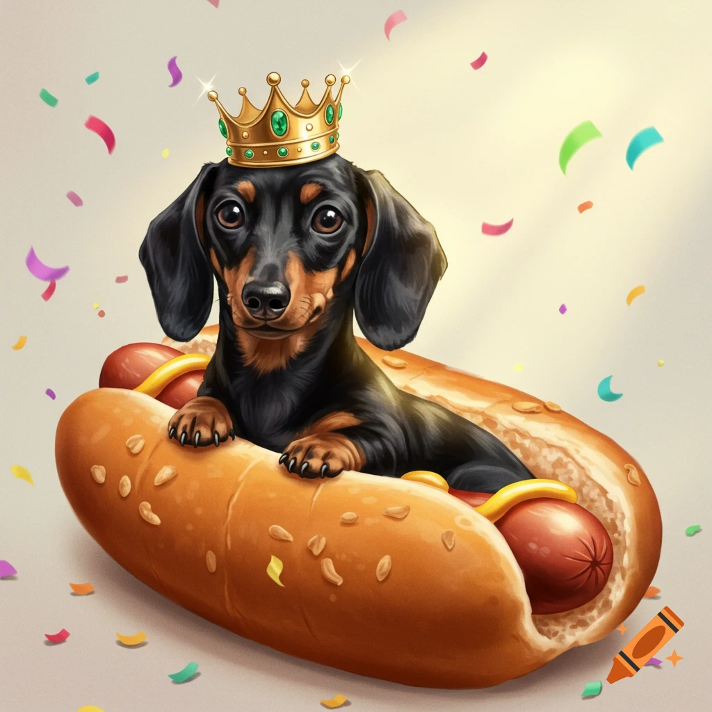 A cute black and tan dachshund dog wearing a gold crown sits in a hot dog bun with confetti falling.