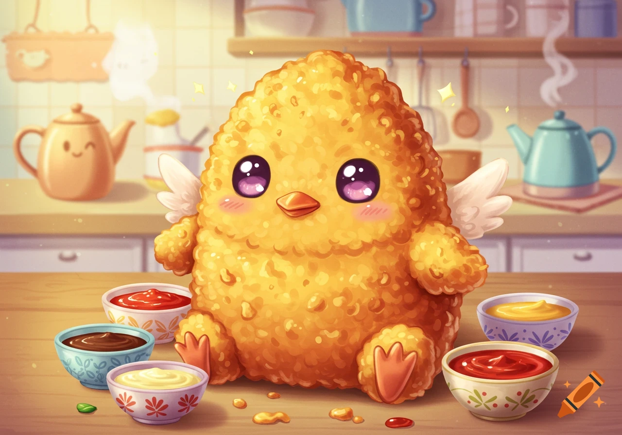 Cute anime-style chicken tender character with small wings and large eyes sitting on a kitchen counter surrounded by dipping sauces.