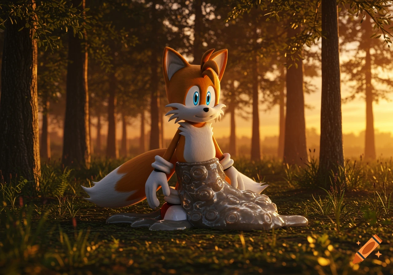Tails the fox from Sonic with a slimy barnacle on his lower half, sitting in a sunlit forest.