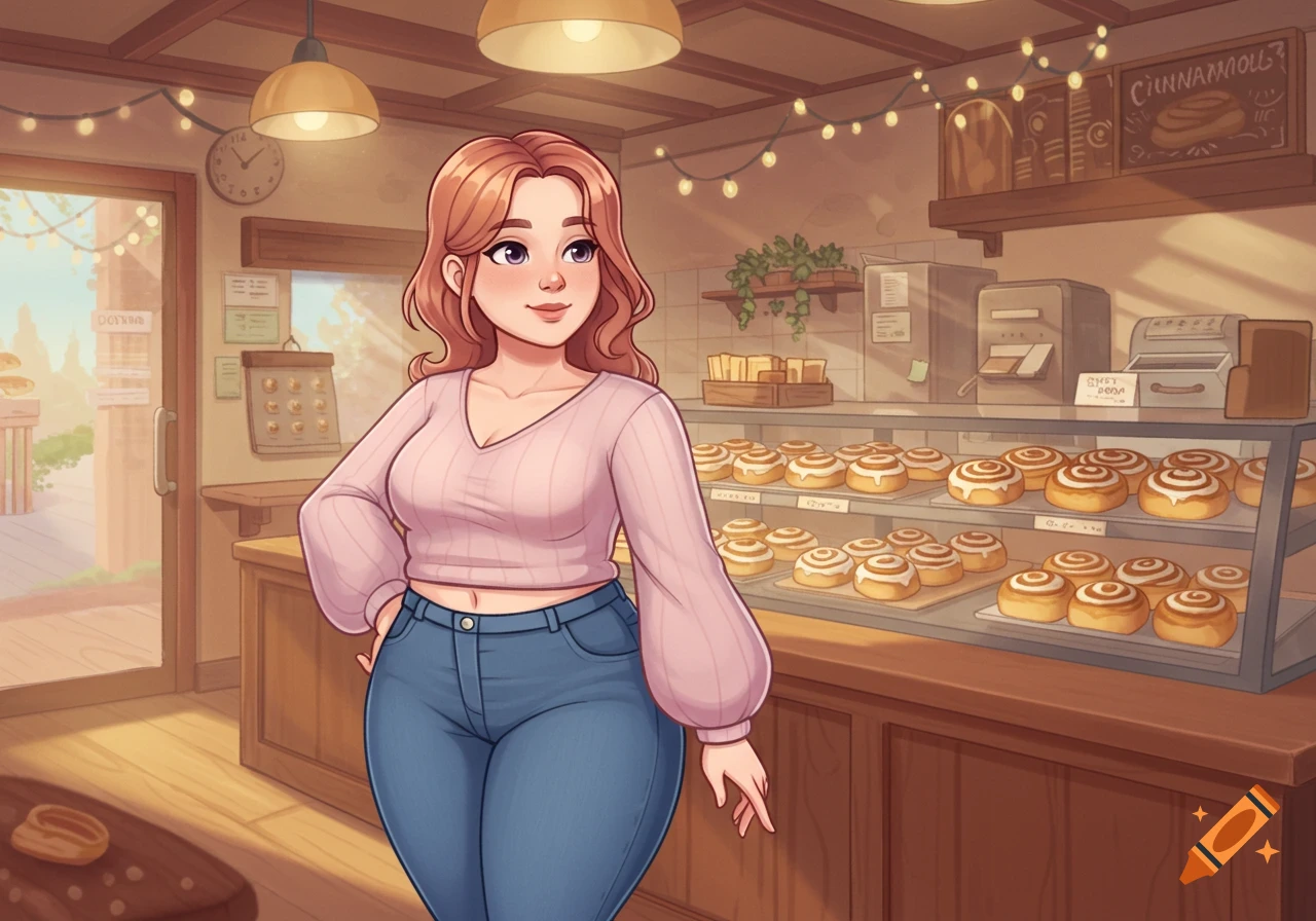 A smiling, curvy cartoon woman with red hair in a pink sweater and jeans stands in a cozy cinnamon roll bakery.