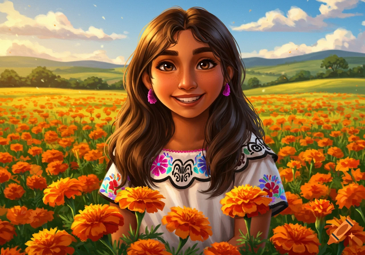 Smiling young girl with long brown hair and pink earrings, wearing an embroidered white shirt, stands in a vibrant field of orange flowers under a blue sky. Stylized illustration.