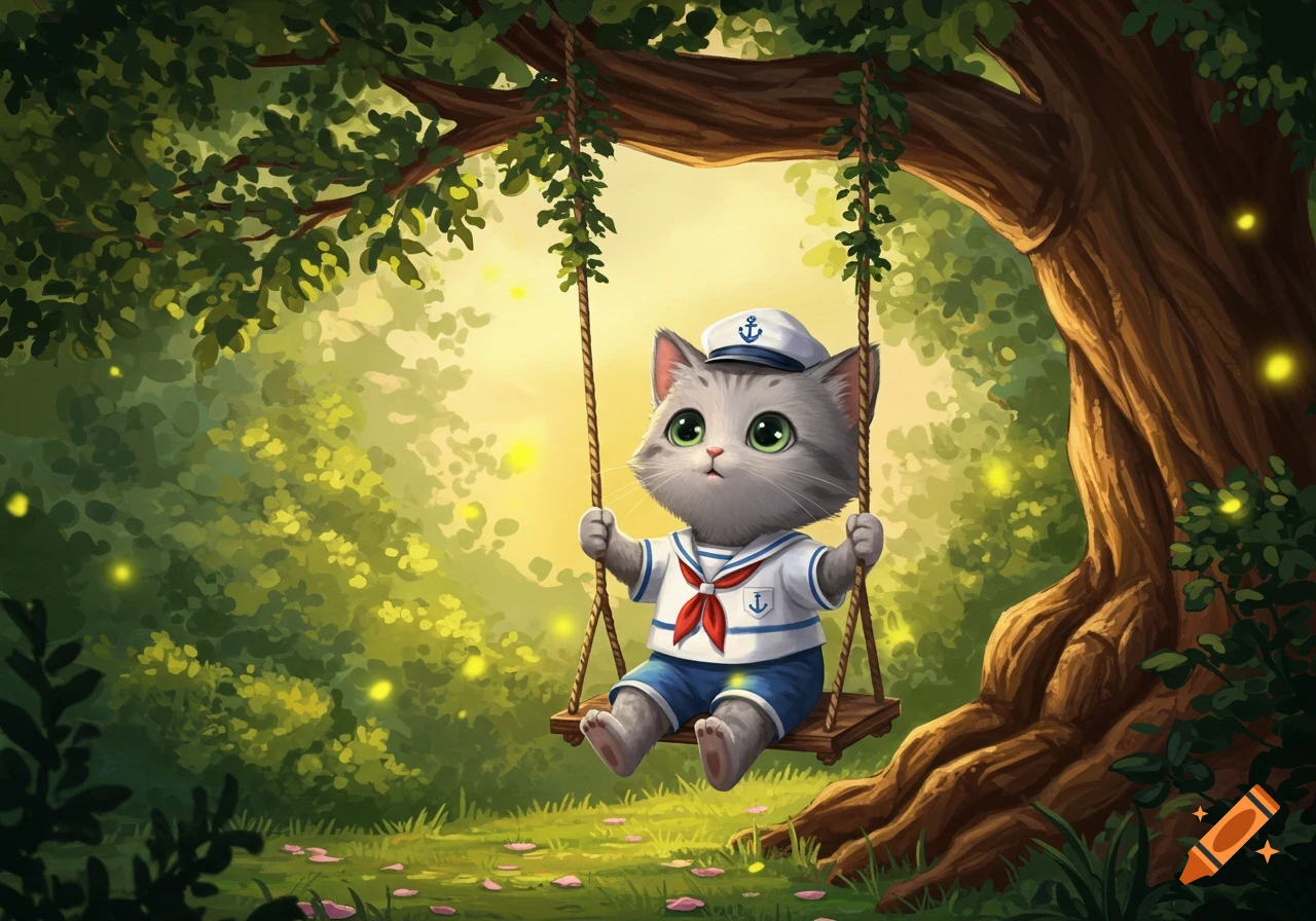 A cute, fluffy gray cartoon cat in a sailor uniform with a hat, happily swinging from a tree in a sunlit, green forest with fireflies.