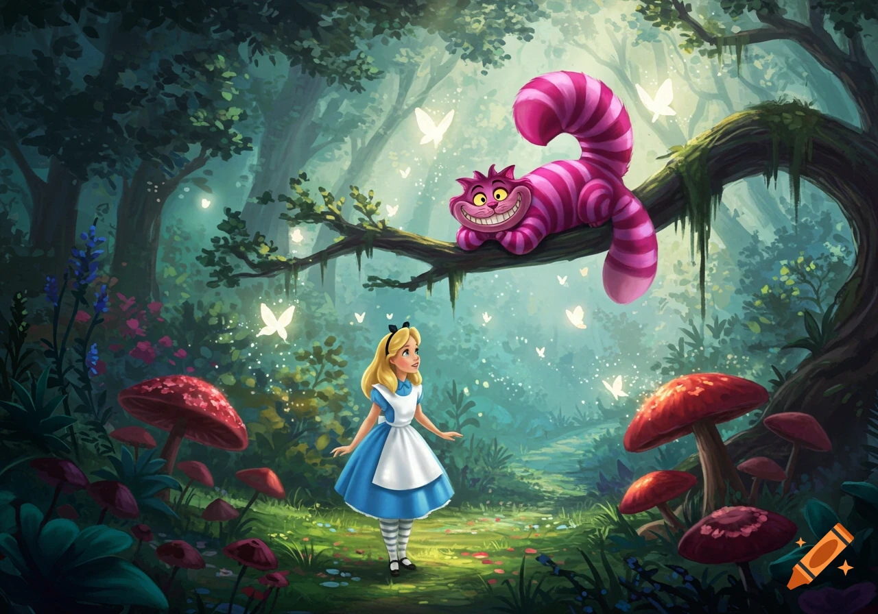 Alice in a blue dress looks up at the grinning Cheshire Cat on a tree branch in a whimsical, magical forest.