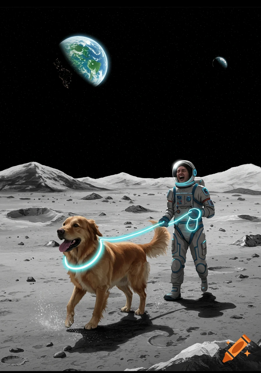A golden retriever dog on a glowing leash walks an astronaut across the moon's surface, with Earth in the background.