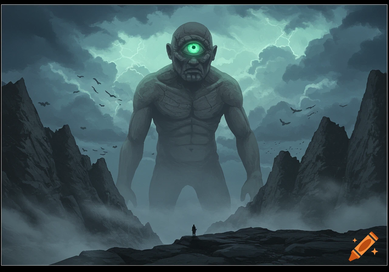 A giant cyclops with a glowing green eye stands in a stormy mountain landscape, looming over a tiny person, in a dark fantasy art style.
