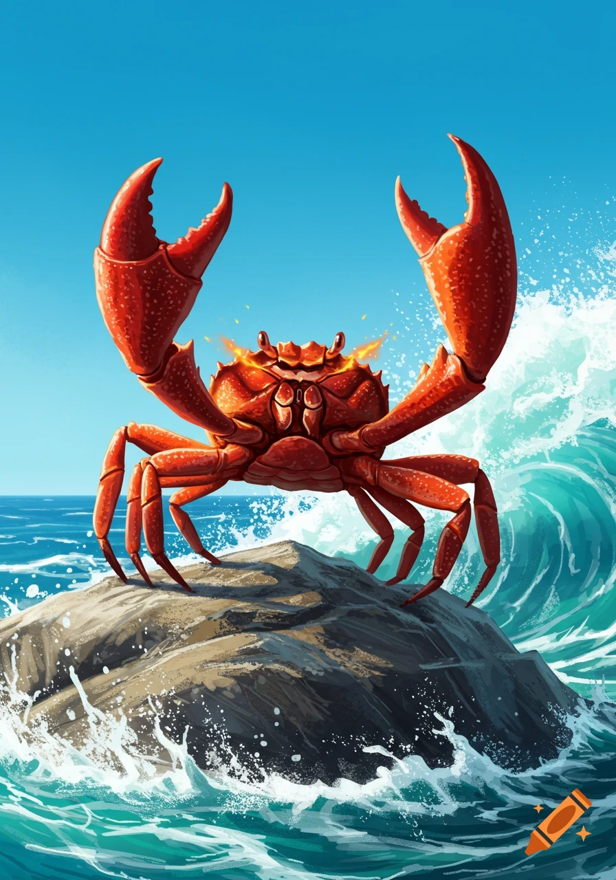 A vibrant red crab with its claws raised stands on a rock in a stormy sea under a clear blue sky.