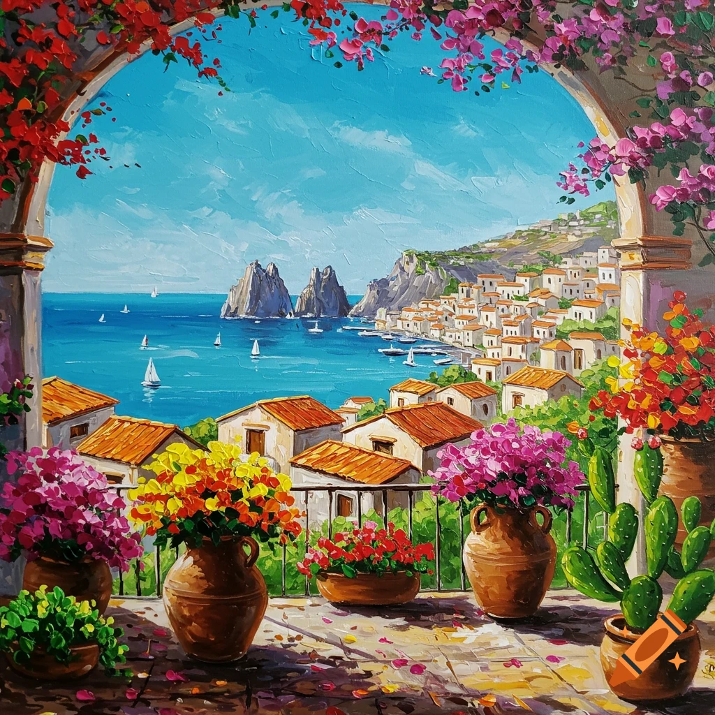 A vibrant painting of a Mediterranean coastal village with red-roofed houses, a blue sea, rocky islands, and colorful flowers on a balcony.