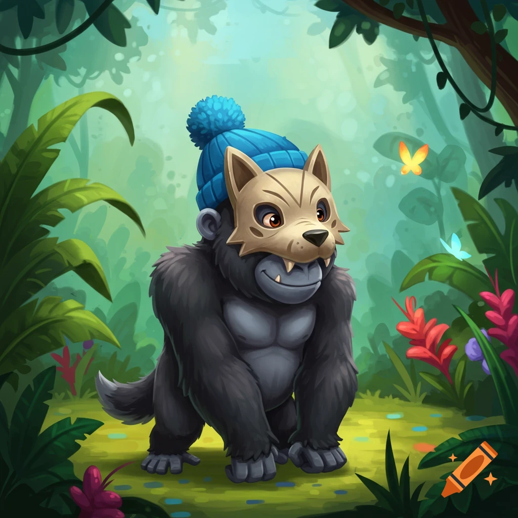 A cartoon gorilla in a blue beanie and wolf mask stands in a vibrant jungle with butterflies.